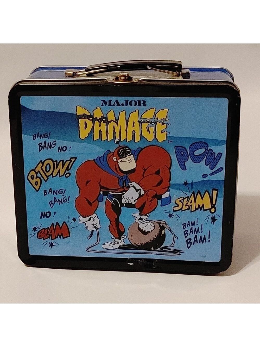 RARE 2001 Major Damage Metal Lunch Box Cartoon Superhero Cool Colorful Lunchbox